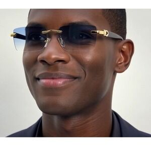 Men's Luxury Sky Blue Tint Square‎ Gold Frame Rimless Hip Hop Fashion Sunglasses